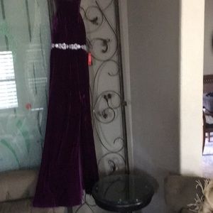 Long Velvet Dress with Rhinestone on front waist.